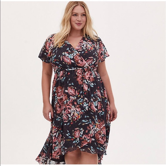 torrid Dresses & Skirts - Torrid Swiss Dot Floral Wrap Dress (Dark Gray)